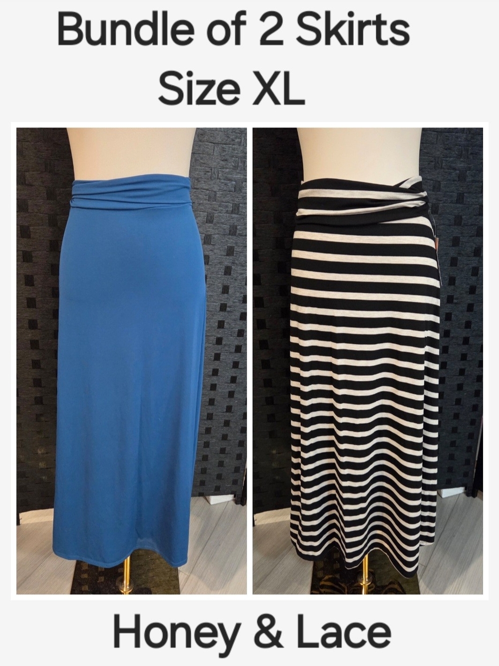 Honey & Lace NWT Skirt Pack XL Set of 2 Long Fold Over Waist Blue Black Stripe